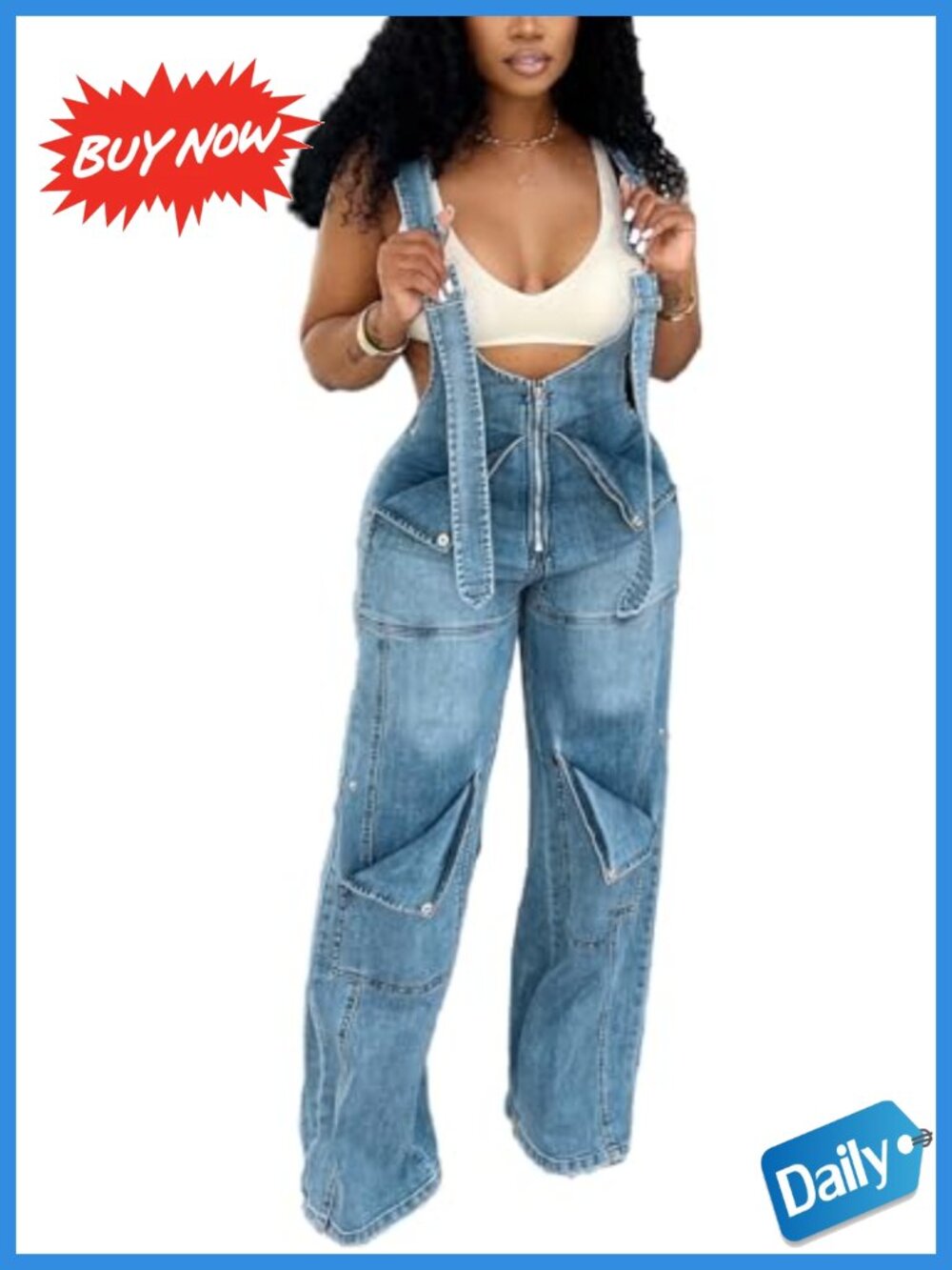 Women's Wide Leg Denim Overalls Adjustable Strap Cargo Jumpsuit
